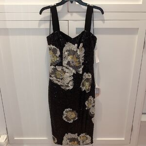 Dress the Population Black and Silver Sequin Floral Midi Dress